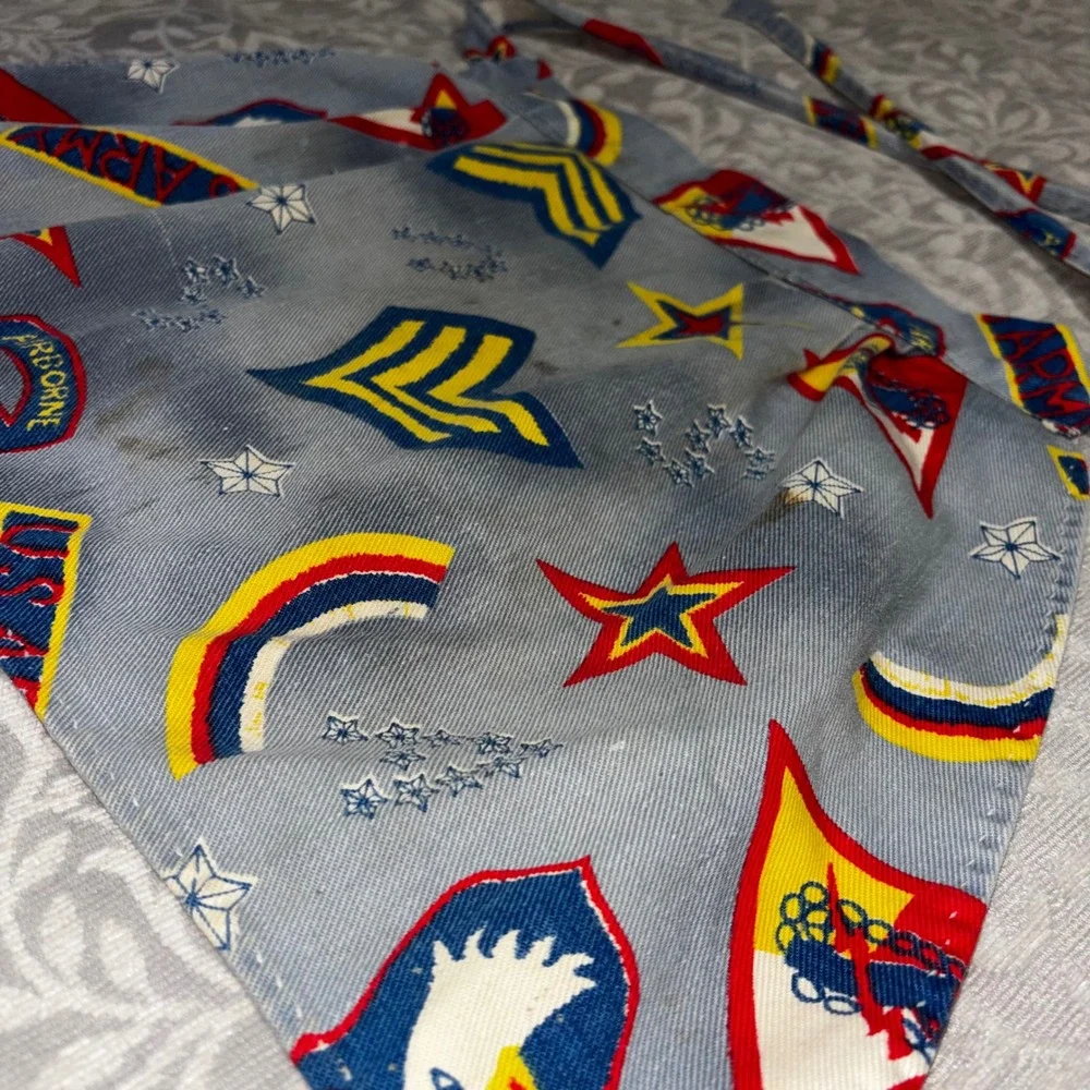 1960s Vintage Patriotic Military Print Half Apron Blue Twill Americana